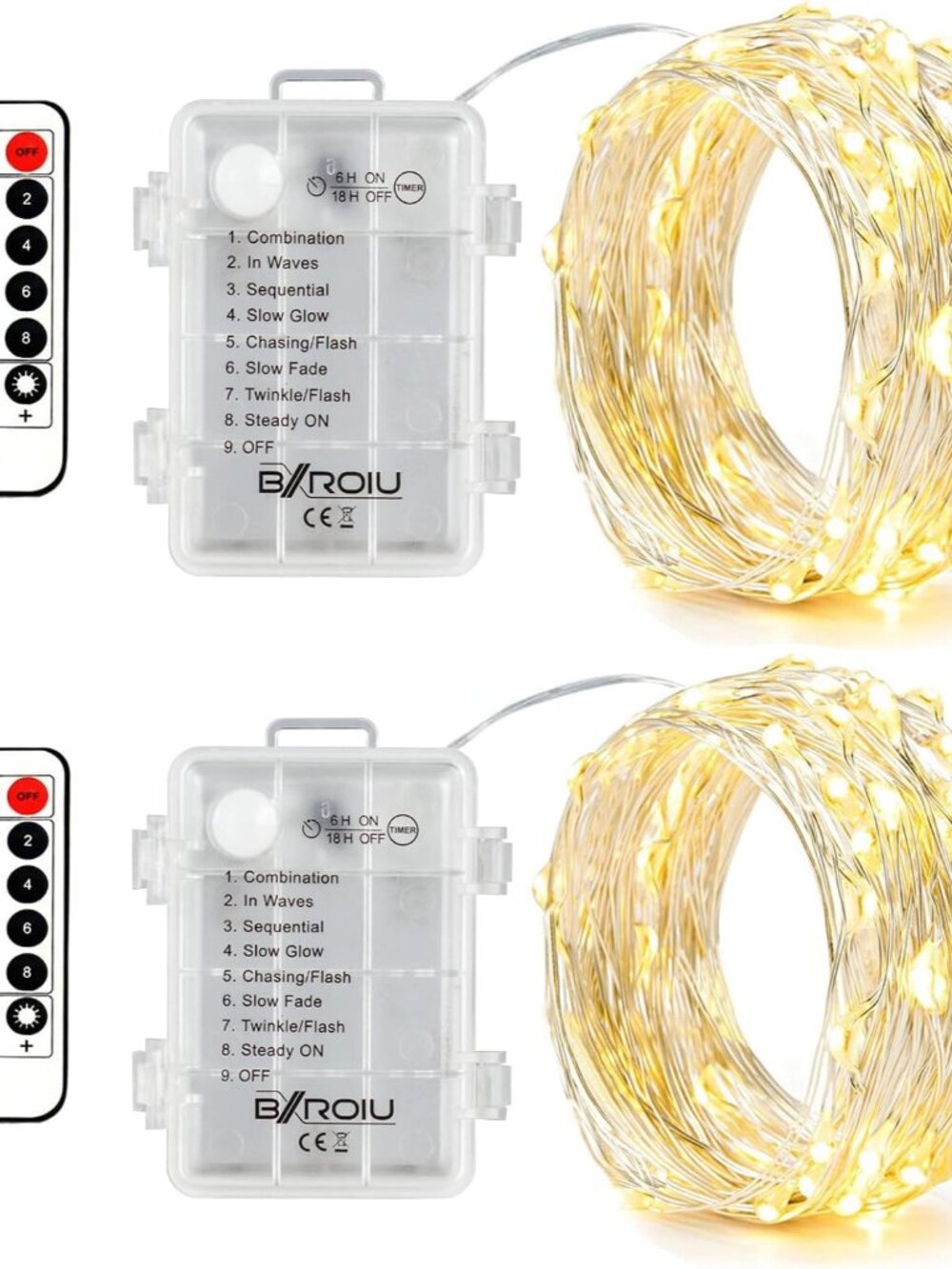 2 x Fairy Lights Battery Operated, 8 Mode 50 LEDs Remote & Timer Warm White